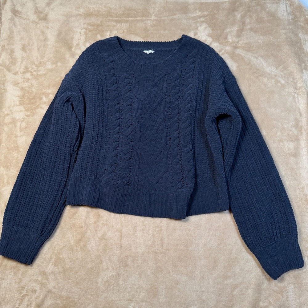 Garage Chenille Cable Knit Cropped Sweater Navy Blue Small P/S